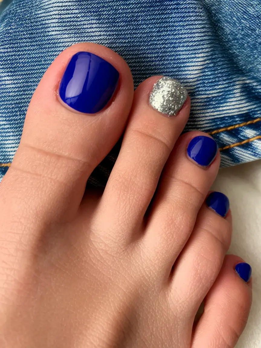 may toe nails ideas 2025 Electric Indigo with Silver Sparkle Accent