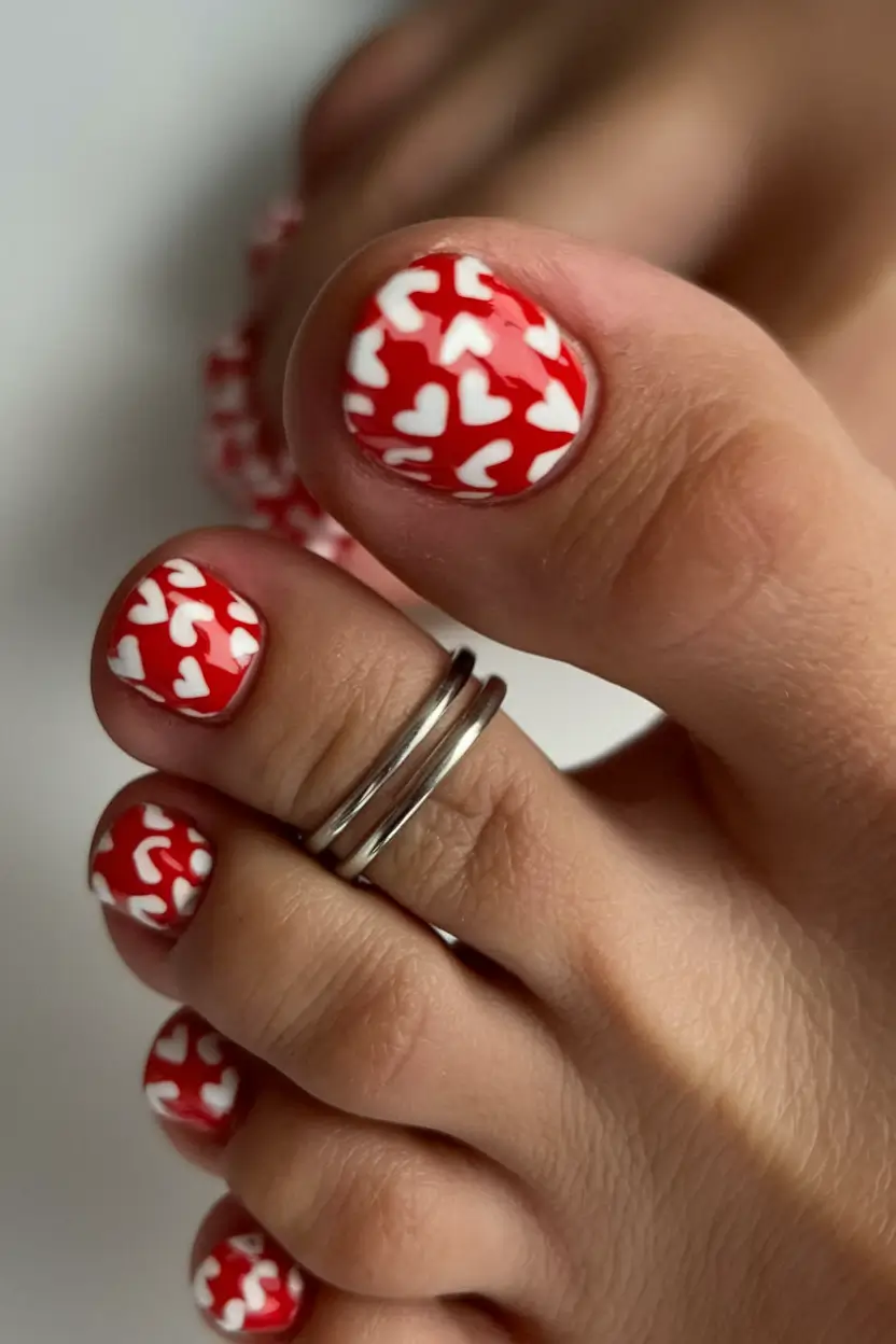 may toe nails ideas 2025 Heart-Dotted Red That Says Summer Romance