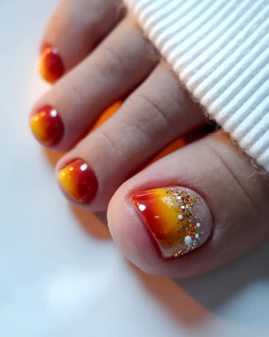 may toe nails ideas 2025 Sunset Ombre with Glitter Drama