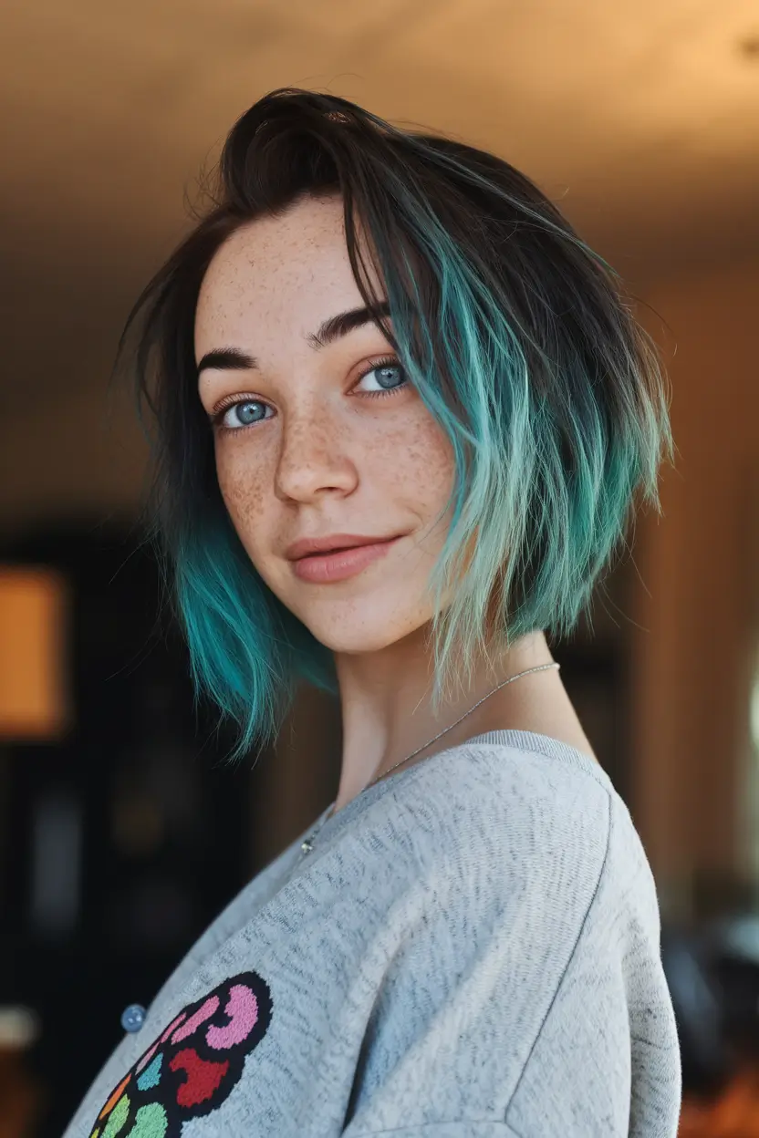 Modern Shades Summer Ombre Hair Color Ideas 2025 Aquatic Bob with Electric Blue Tips