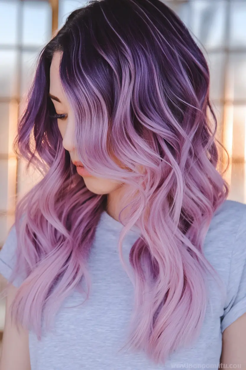 Modern Shades Summer Ombre Hair Color Ideas 2025 Berry Purple to Soft Lavender on a Curly Bob