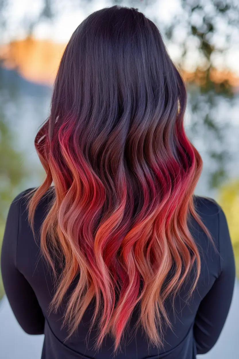 Modern Shades Summer Ombre Hair Color Ideas 2025 Dark Chocolate with Sunset Fire Tips