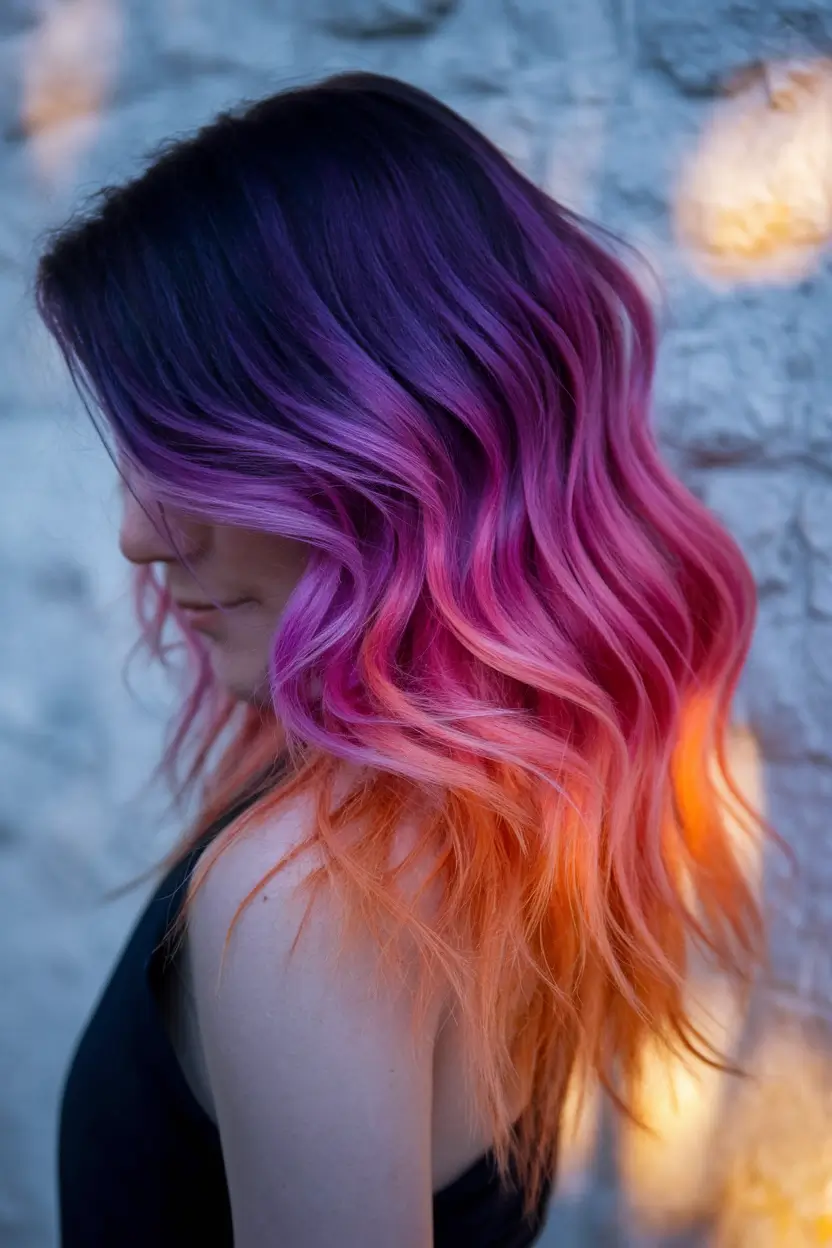 Modern Shades Summer Ombre Hair Color Ideas 2025 Ultra-Violet to Fuchsia and Fiery Orange
