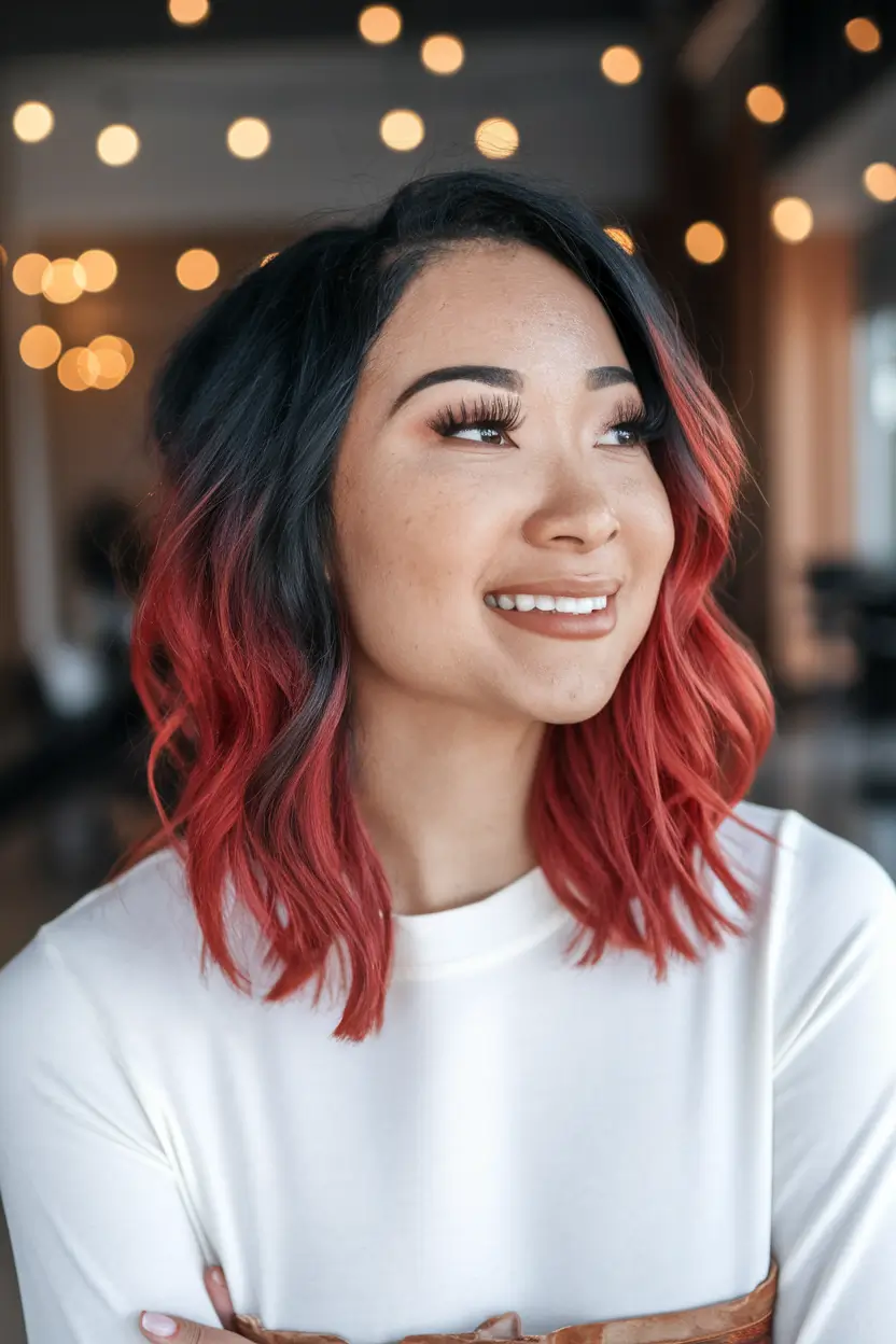 Modern Shades Summer Ombre Hair Color Ideas 2025 Fiery Cranberry on a Blunt Bob