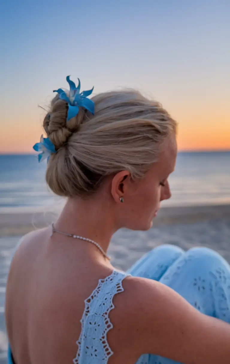 Practical Summer Swimming Hairstyles 2025 Low Bun with Tropical Flair at Golden Hour