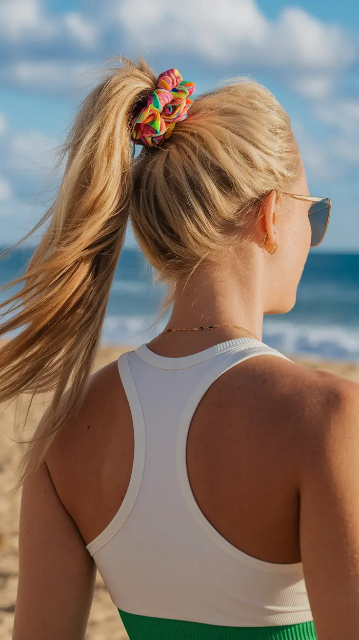 Practical Summer Swimming Hairstyles 2025 High Ponytail with a Pop of Color