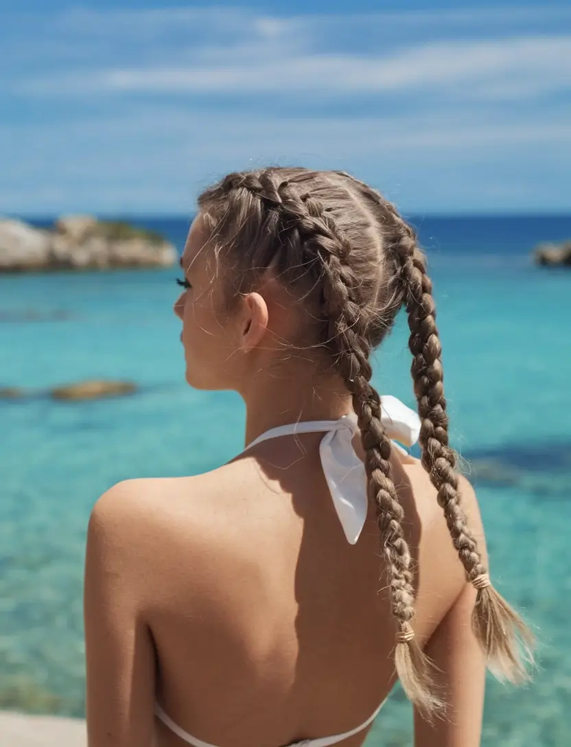 Practical Summer Swimming Hairstyles 2025 Playful Double Braids for a Beach Day Mood