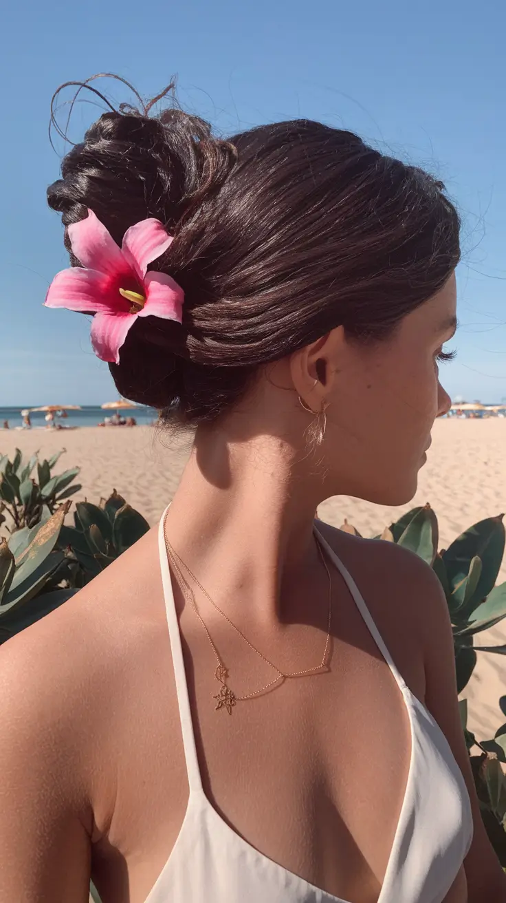Practical Summer Swimming Hairstyles 2025 Twisted Floral Bun for Beach Romance