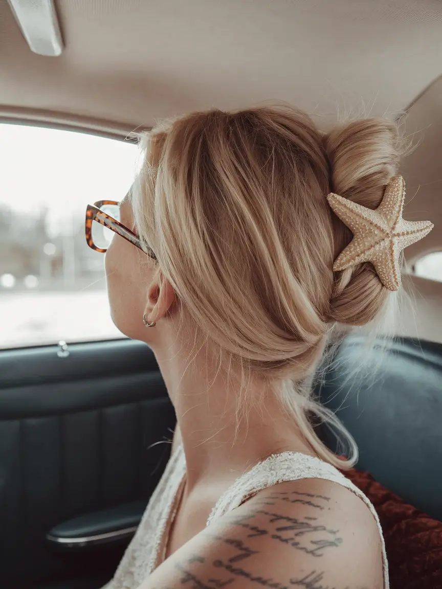 Practical Summer Swimming Hairstyles 2025 Twisted Bun with Beachy Starfish Clip