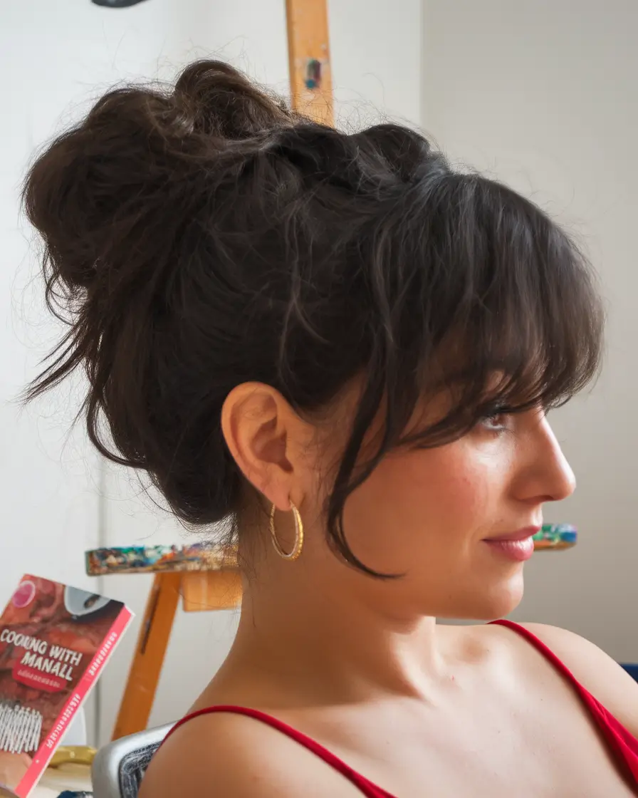 Practical Summer Swimming Hairstyles 2025 Textured Bun with Fringe for French Girl Pool Days