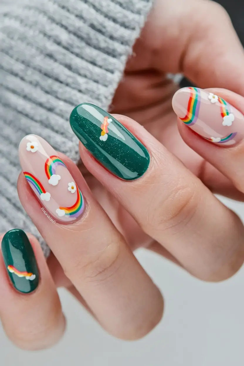 Prettiest May Colors for 2025 Nails+Rainbows and Daisies Over Forest Green