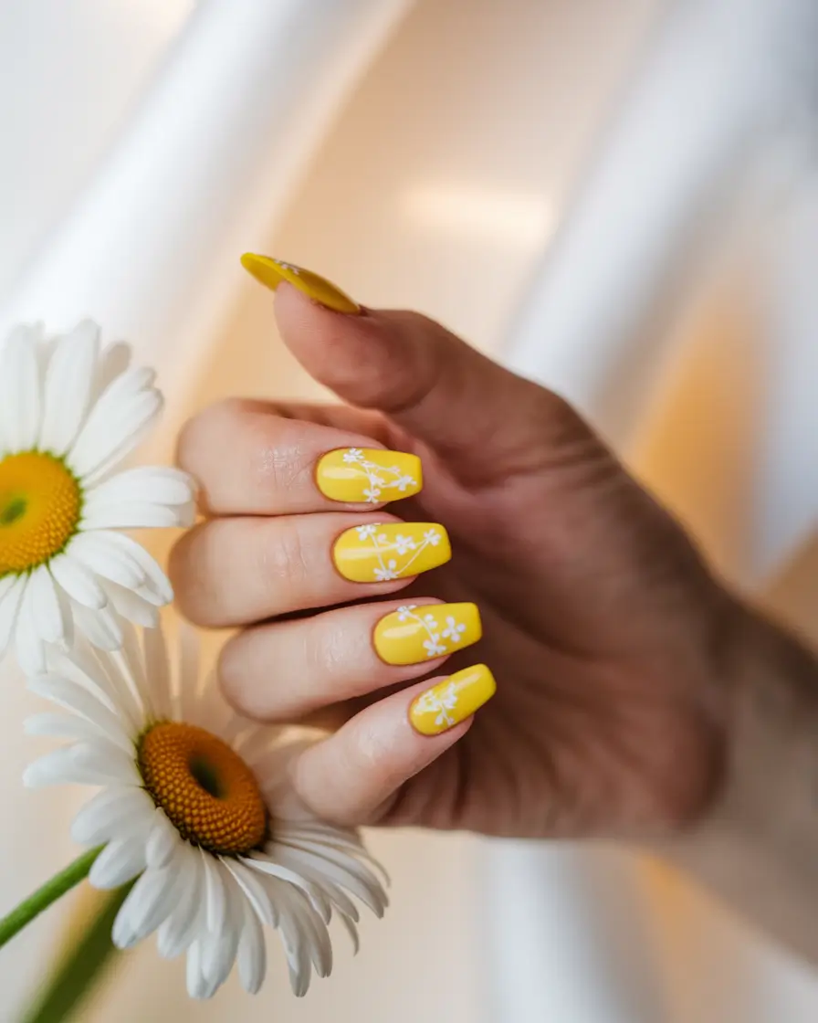 Prettiest May Colors for 2025 Nails+Sunshine Yellow with Daisy Art