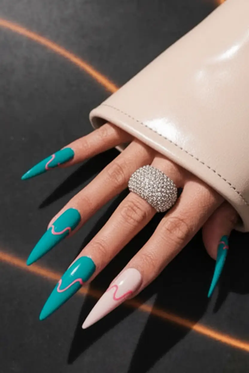Prettiest May Colors for 2025 Nails+Teal and Pink Wave on Stiletto Drama