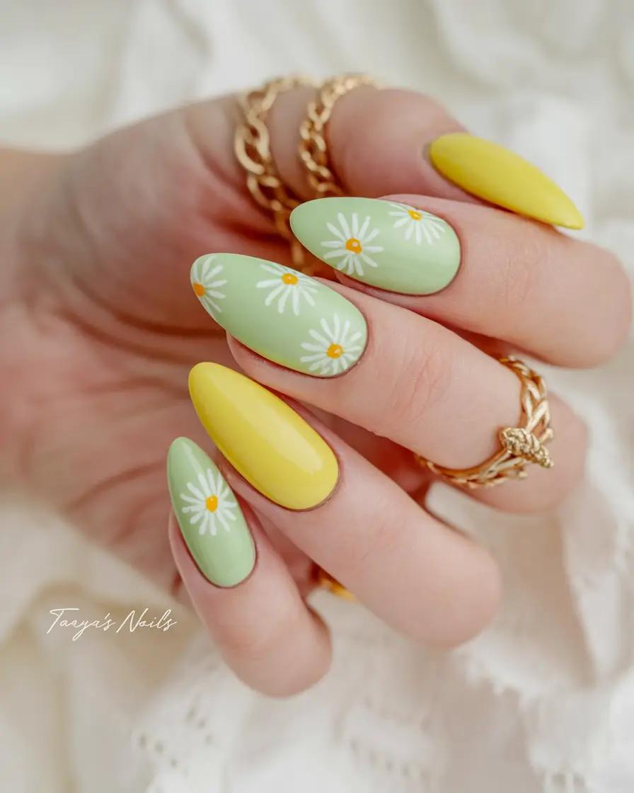 Prettiest May Colors for 2025 Nails+Matte Daisy Fields on Lemon and Green