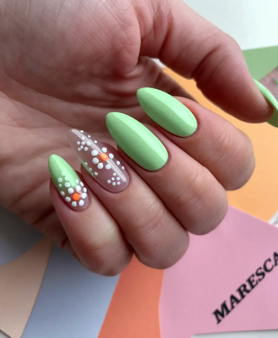 Prettiest May Colors for 2025 Nails+Mint Green Florals With Orange Pollen Pop