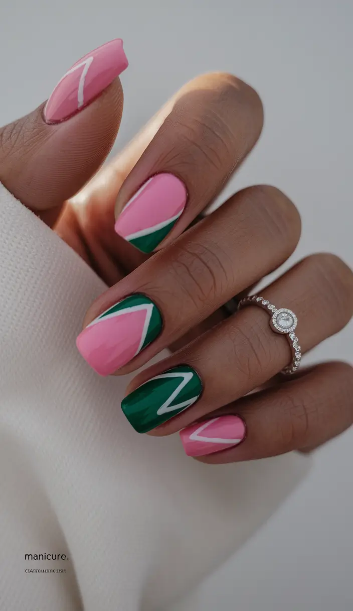 Short Nail Inspo for Summer 2025+Pink & Green Zig-Zag Vibes