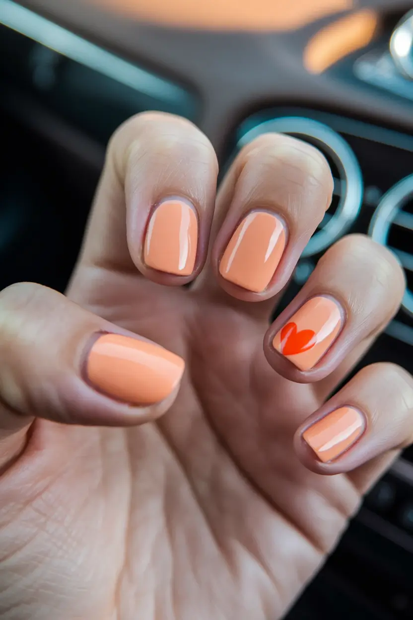 Short Nail Inspo for Summer 2025+Peachy Coral with Heart Accent