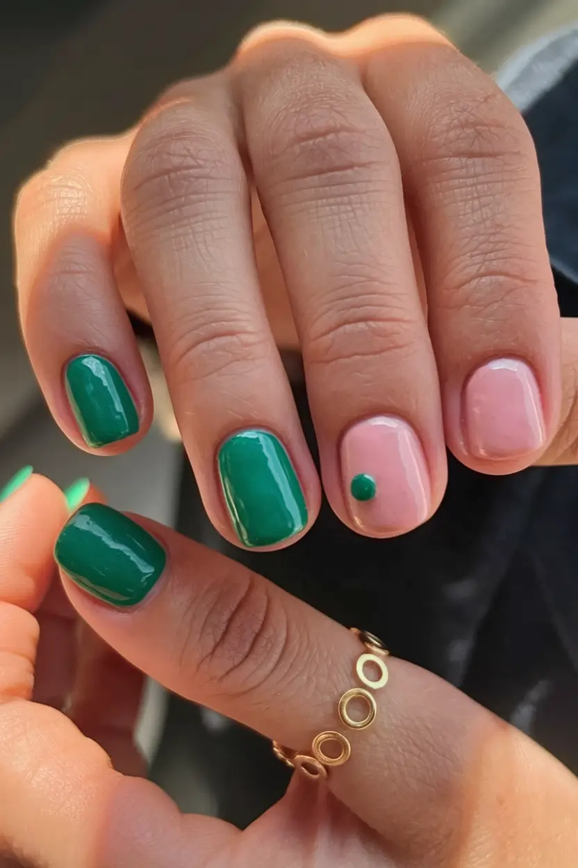 Short Nail Inspo for Summer 2025+Green Gloss with Dot Accent
