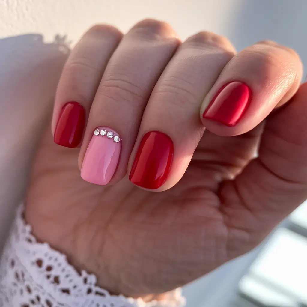Short Nail Inspo for Summer 2025+Pink & Red Duo with Crystal Accent