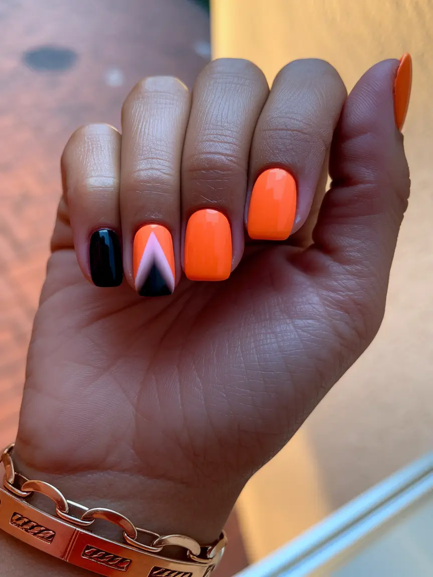 Short Nail Inspo for Summer 2025+Retro Pop with Orange and Geometric Accent