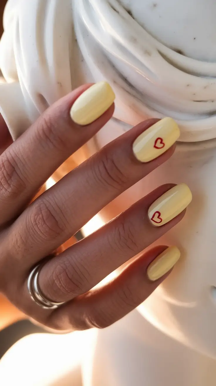 Short Nail Inspo for Summer 2025+Pastel Yellow with Heart Accent