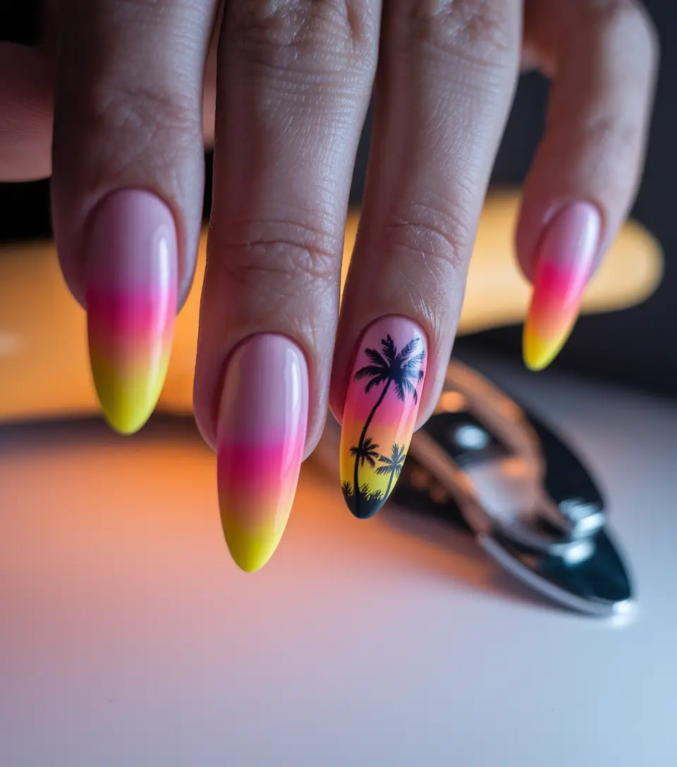Summer 2025 Acrylics That Pop Palm Tree Sunset Ombre