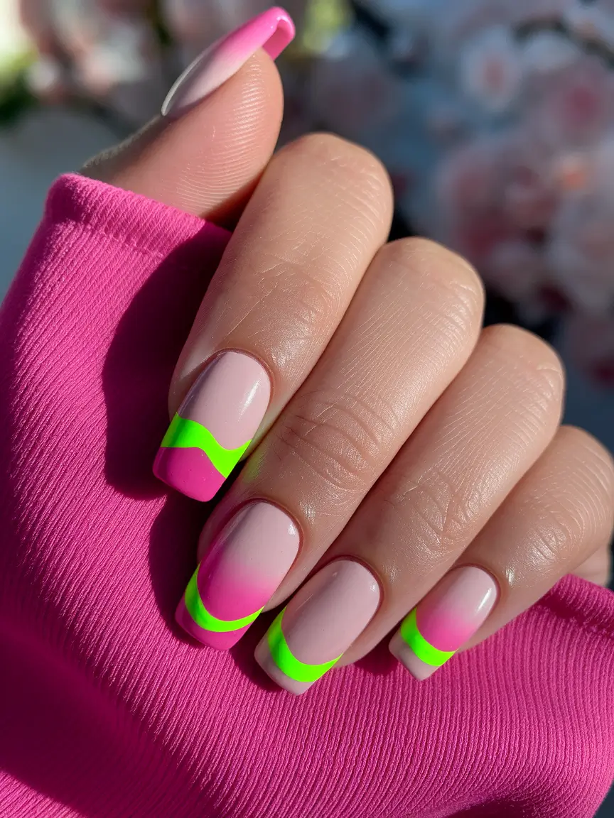Summer 2025 Acrylics That Pop Pink Electric French with Lime Curves