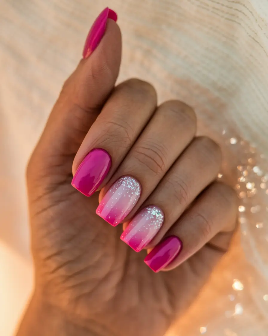 Summer 2025 Acrylics That Pop Glitter Kissed Ombre Pink