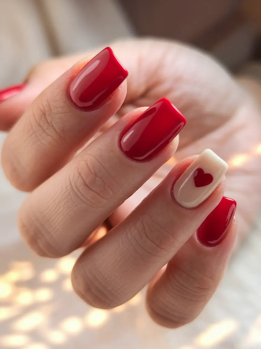 Summer 2025 Acrylics That Pop Heart Accent on a Bold Red Base