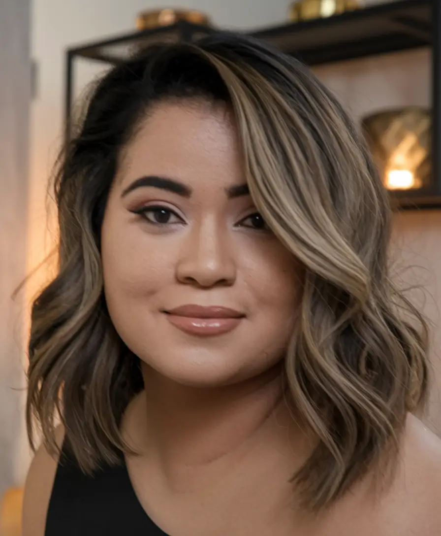Summer 2025 Haircut Ideas for Round Faces - Chic Lob with Ribbon Highlights
