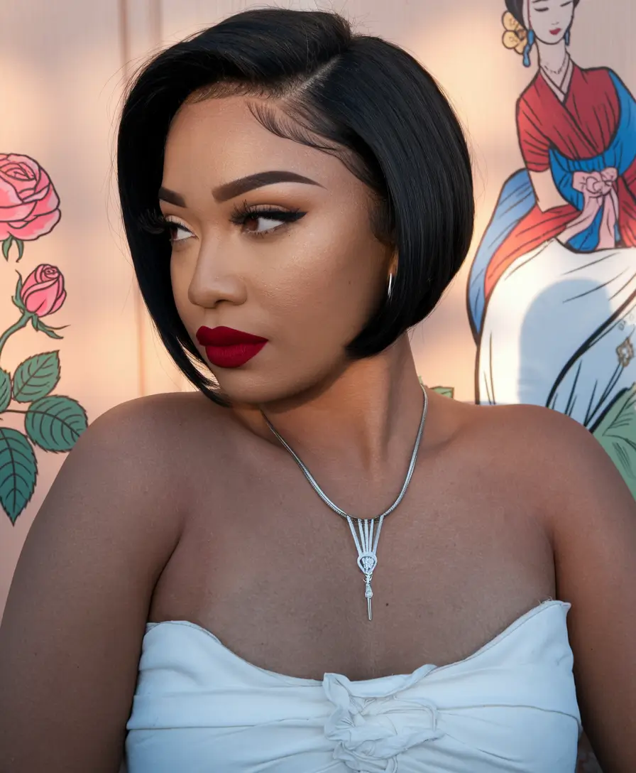Summer 2025 Haircut Ideas for Round Faces - Flattering Looks - Glossy Side-Part Bob with S-Curve Precision