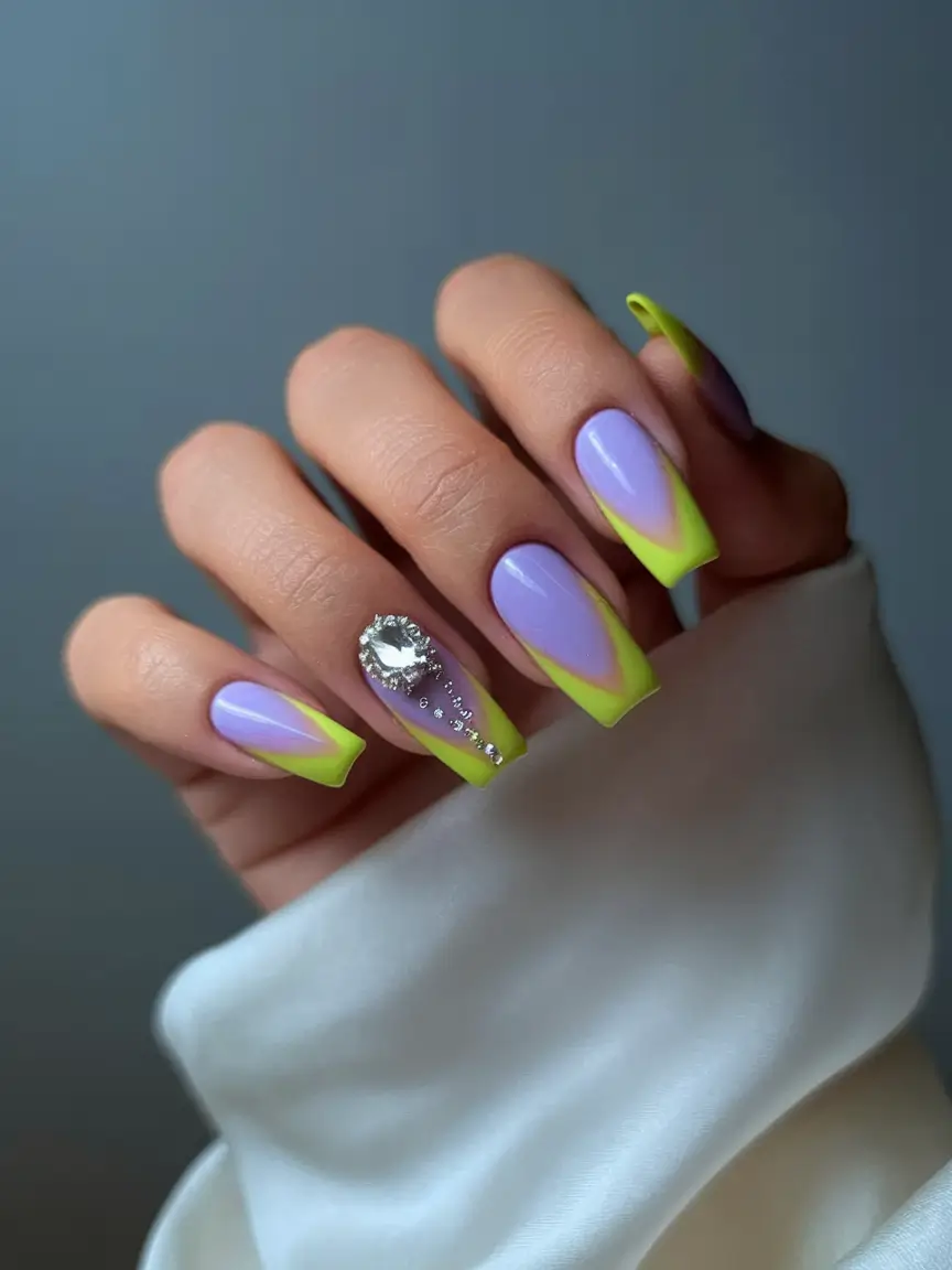 summer french nails ideas 2025 Lavender Lime Sparkle Set