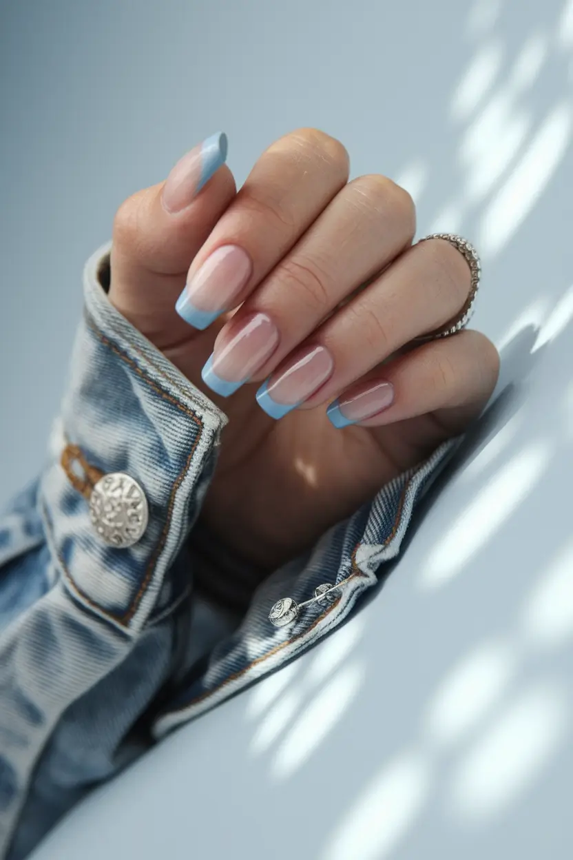 summer french nails ideas 2025 Denim Baby Blue French