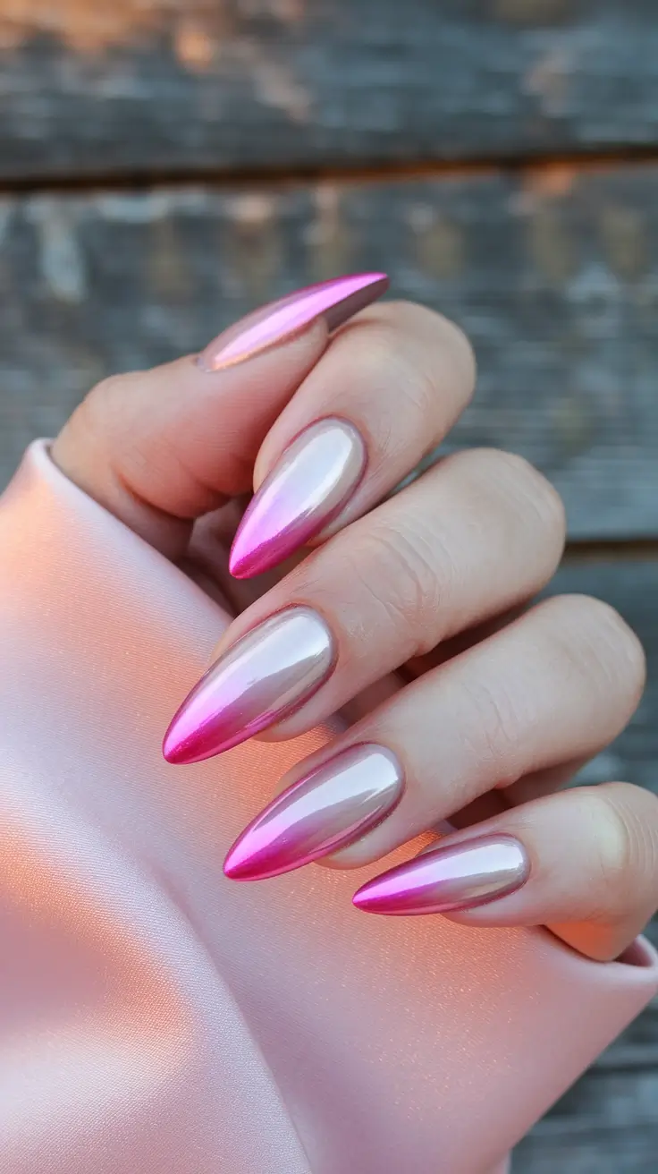 summer french nails ideas 2025 Chrome Pink Flame