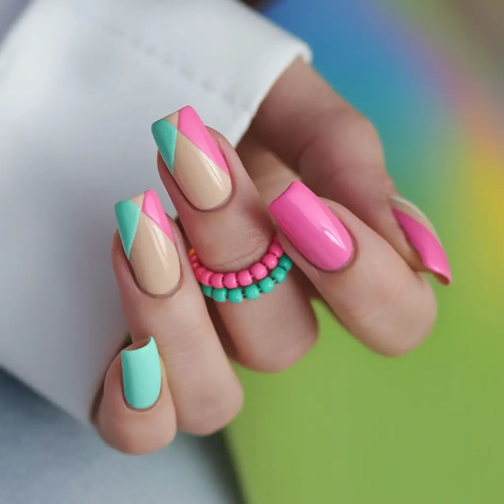 summer french nails ideas 2025 Tutti-Frutti Geometric