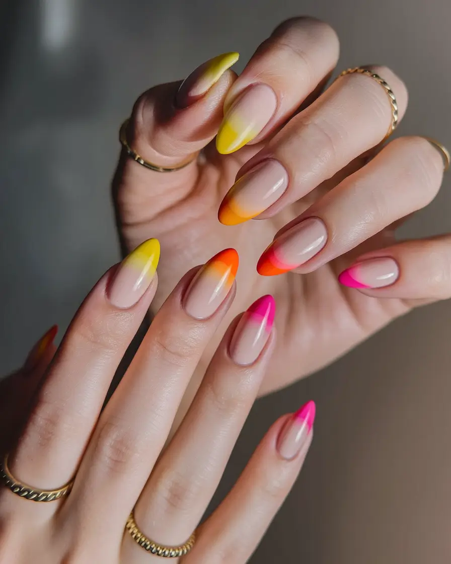 summer french nails ideas 2025 Sunset Ombre Almond