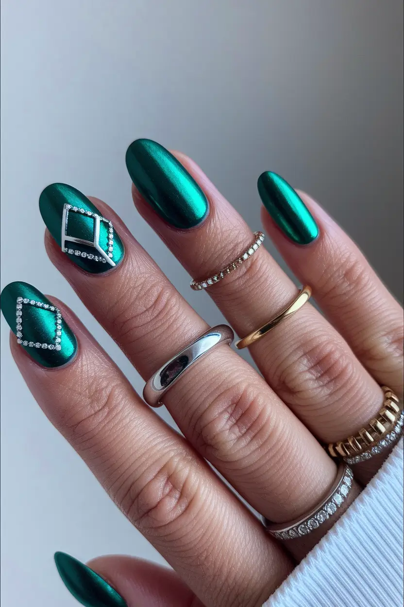 summer nail colors ideas 2025 Emerald Luxe with Bling