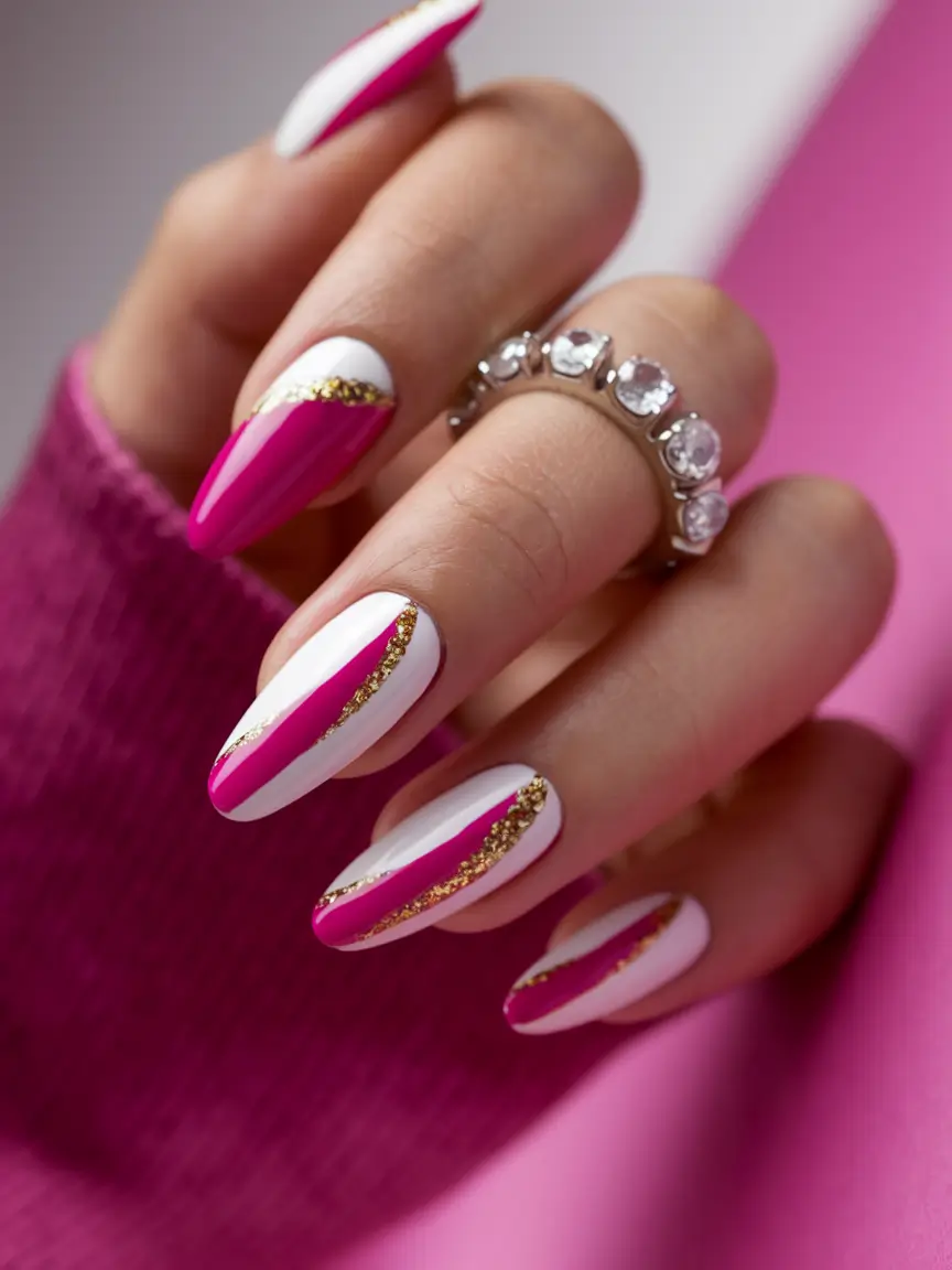 summer nail colors ideas 2025 Pink Stripes & Gold Sparkle