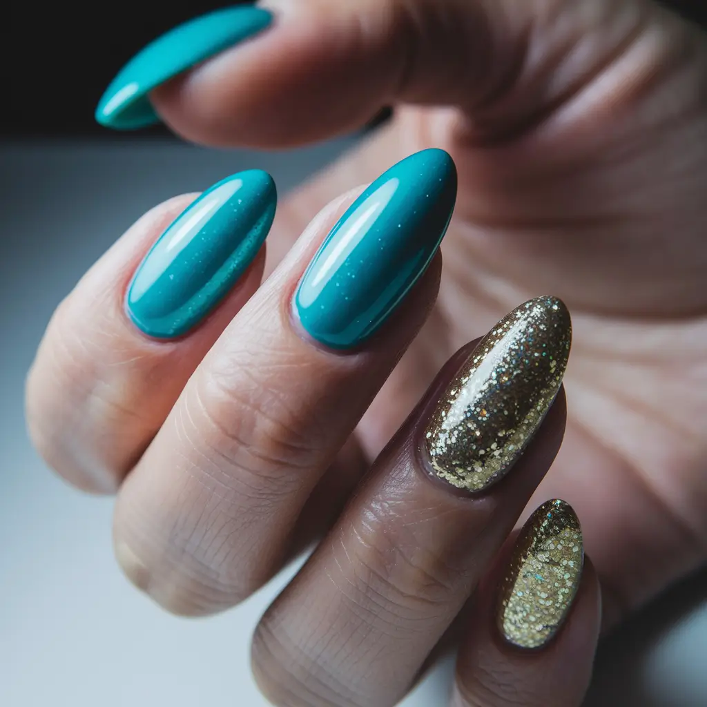summer nail colors ideas 2025 Turquoise Splash & Gold Luxe
