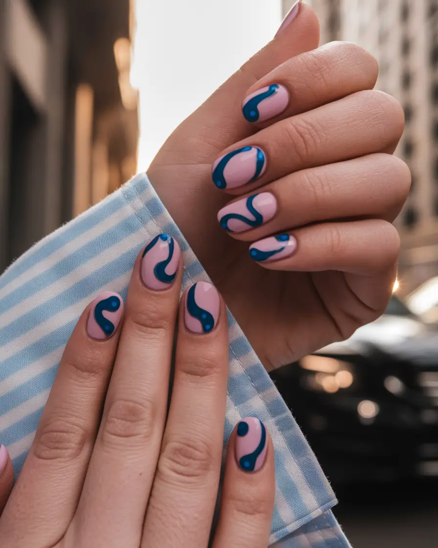 summer nail design ideas 2025 Blue Wave Abstract on Short Nude Nails