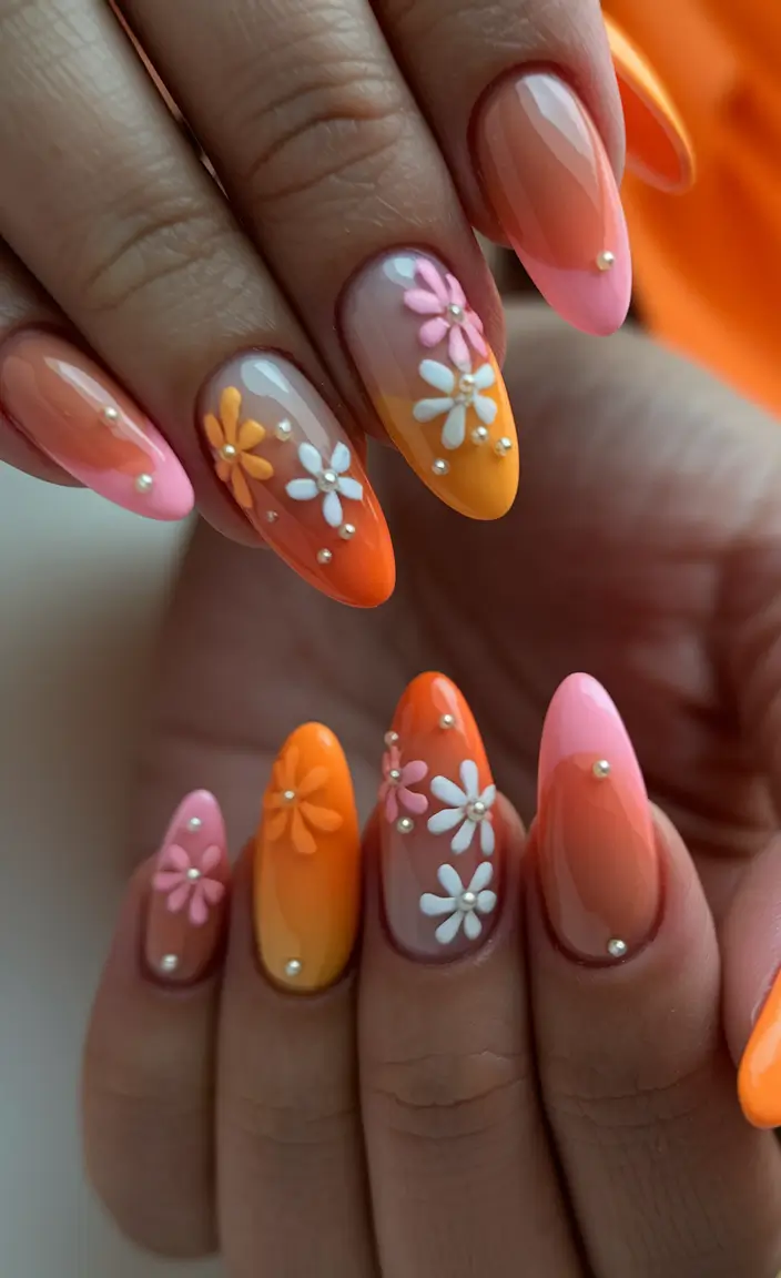 summer nail design ideas 2025 Juicy Ombre With Daisies and Studs
