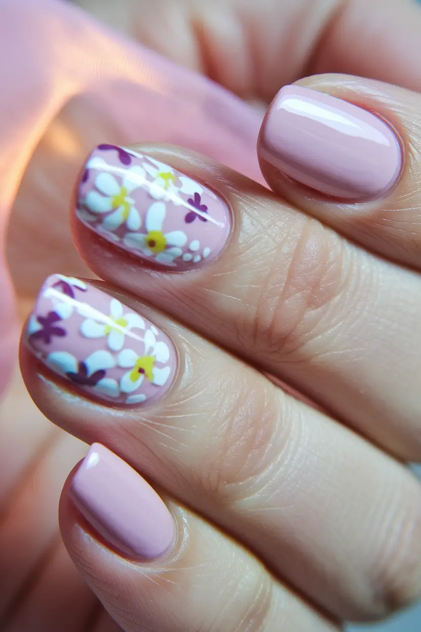summer nail design ideas 2025 Playful Pastel Floral on Soft Pink