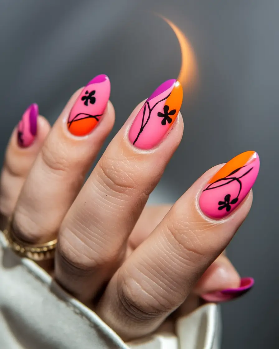 summer nail design ideas 2025 Bold Tropicana With Black Botanical Linework