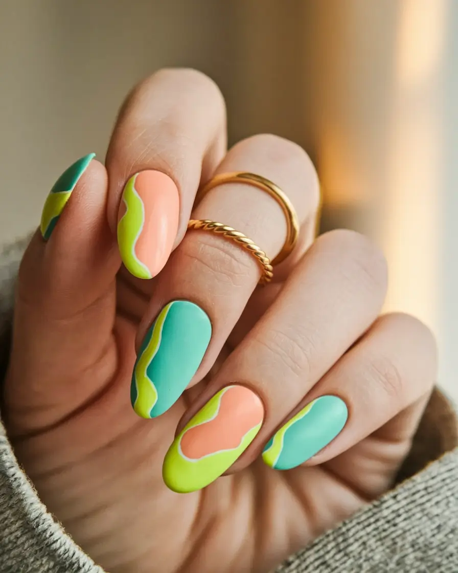 summer nail design ideas 2025 Electric Citrus Waves in Retro Colorblocking