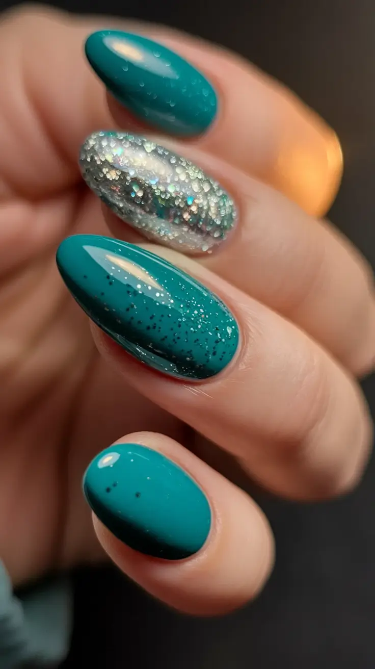 summer nail design ideas 2025 Teal Glitter and Chrome Mermaid Vibes