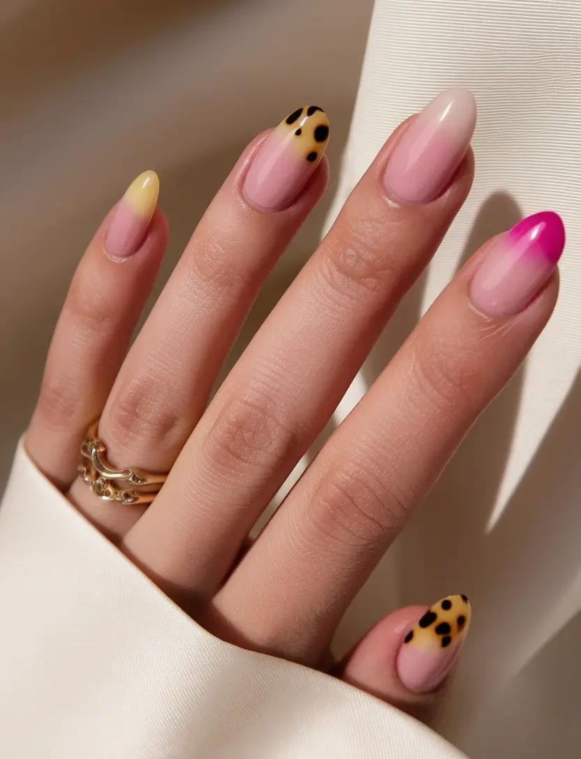 summer nail design ideas 2025 Ombre Meets Animal Print: A Sunset Safari