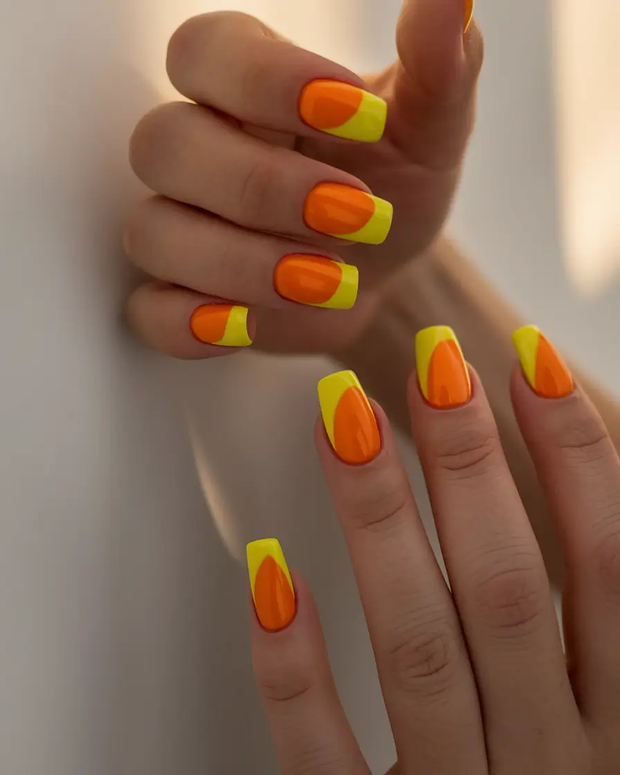 summer nail design ideas 2025 Neon Orange and Yellow Geometric Energy