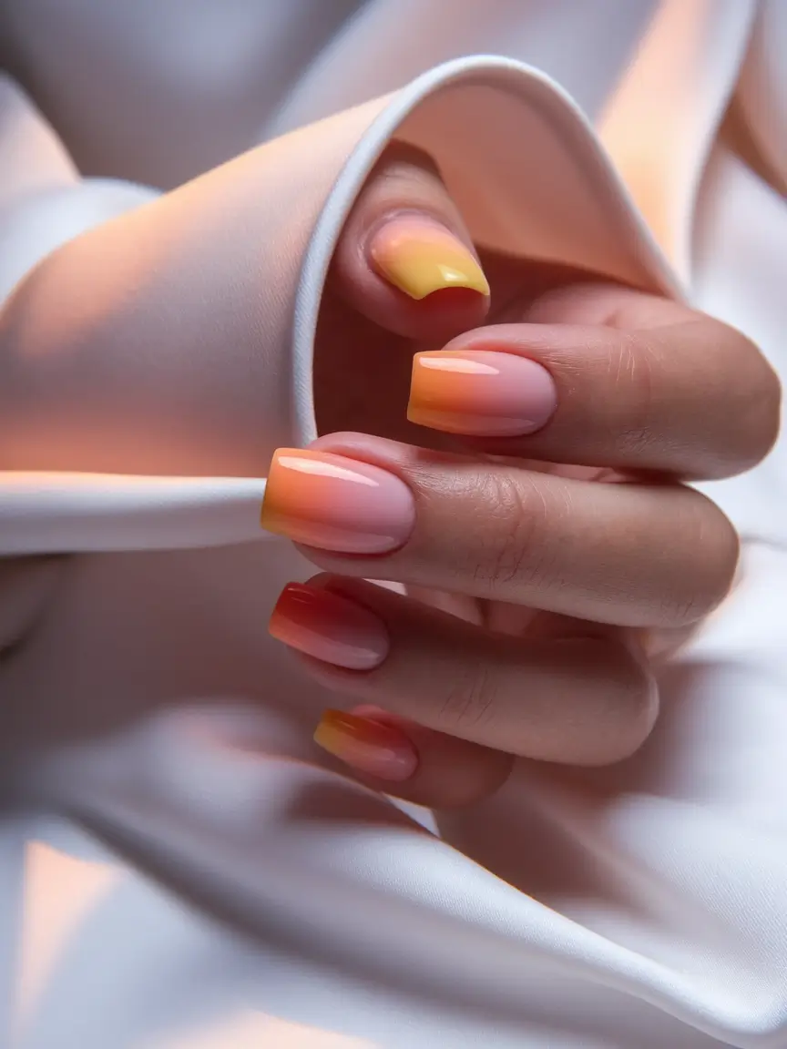 summer nail design ideas 2025 Sunset Gradient With a Tropical Fade