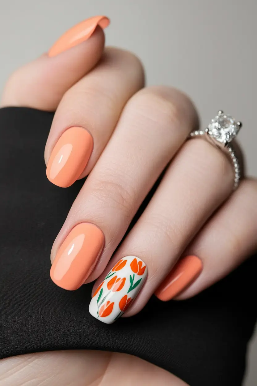 summer nail design ideas 2025 Peachy Orange With a Floral Twist