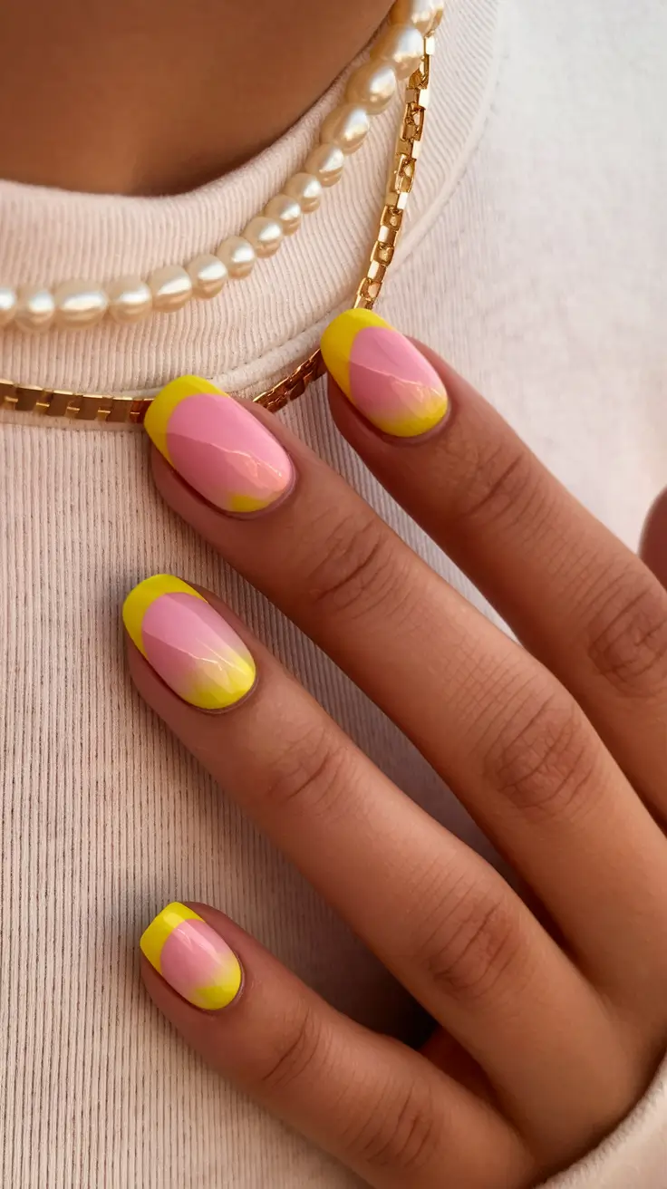 summer nail design ideas 2025 Yellow and Pink French Tip Remix